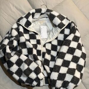 Shop Stevie Gray and White Checkered Cropped fleece zip up
